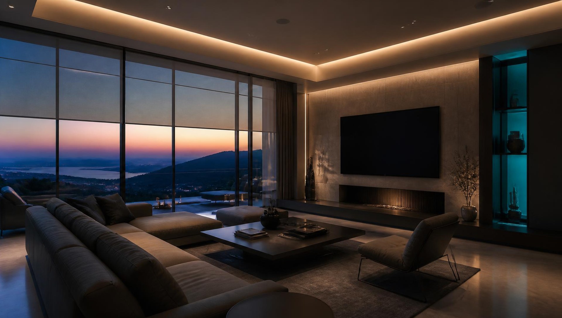 Luxury living room at dusk with integrated audio visual technology